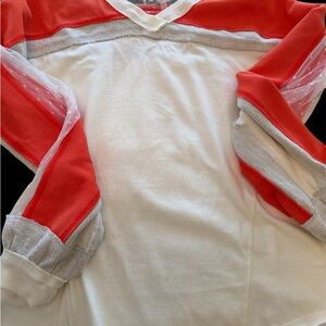 Free People Cream and Coral V-Neck Long Lacey Sleeve Top, Siz Large